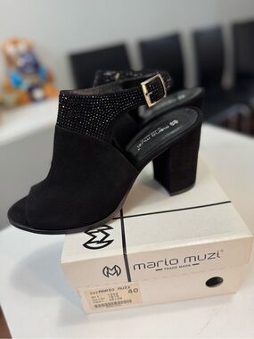 Black Suede Open-Toe Block Heel Sandals